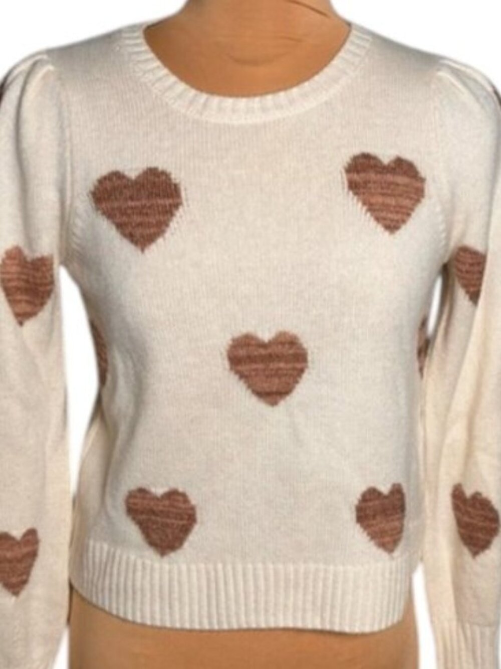 Splendid Cream Heart Sweater Bronze Lurex Hearts Soft Knit Crew Neck Size XS